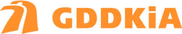 Dwupasmowa droga w kolorze pomarańczowym układająca się w profil głowy orła, pod rysunkiem znajduję się skrót składający się z pierwszych liter nazwy jednostki GDDKiA